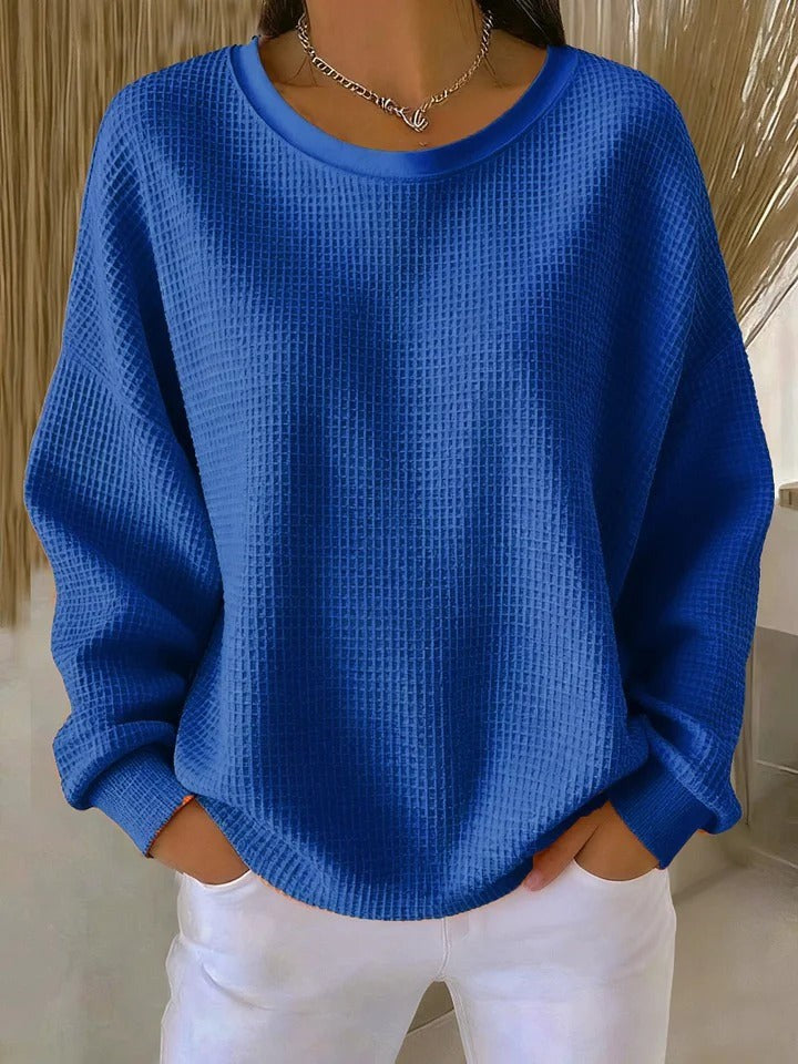 Oversized Damen-Pullover mit Waffelstruktur, Rundhals und überschnittenen Schultern in Blau