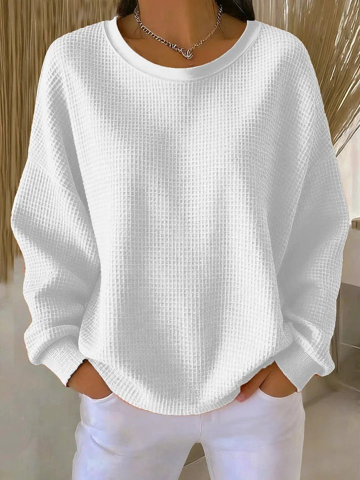 Oversized Damen-Pullover mit Waffelstruktur, Rundhals und überschnittenen Schultern in Weiß