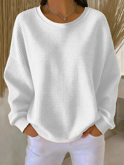 Oversized Damen-Pullover mit Waffelstruktur, Rundhals und überschnittenen Schultern in Weiß