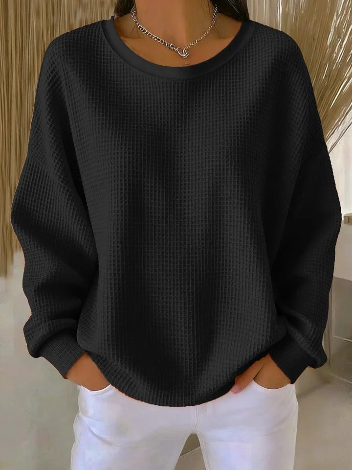 Oversized Damen-Pullover mit Waffelstruktur, Rundhals und überschnittenen Schultern in Schwarz