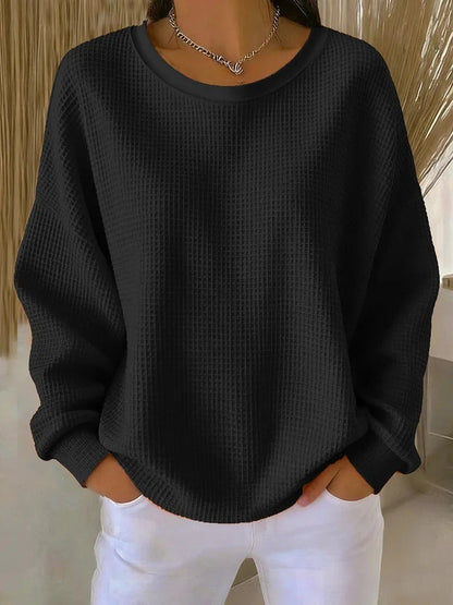 Oversized Damen-Pullover mit Waffelstruktur, Rundhals und überschnittenen Schultern in Schwarz