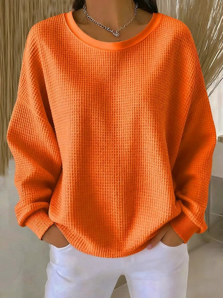 Oversized Damen-Pullover mit Waffelstruktur, Rundhals und überschnittenen Schultern in Orange