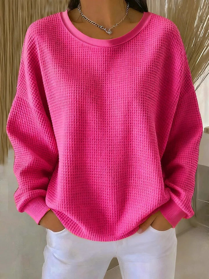 Oversized Damen-Pullover mit Waffelstruktur, Rundhals und überschnittenen Schultern in Leuchtendes Pink
