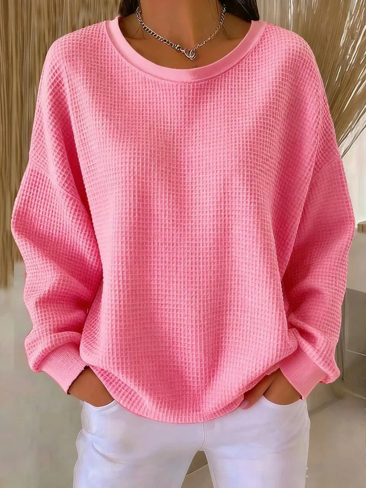 Oversized Damen-Pullover mit Waffelstruktur, Rundhals und überschnittenen Schultern in Rosa