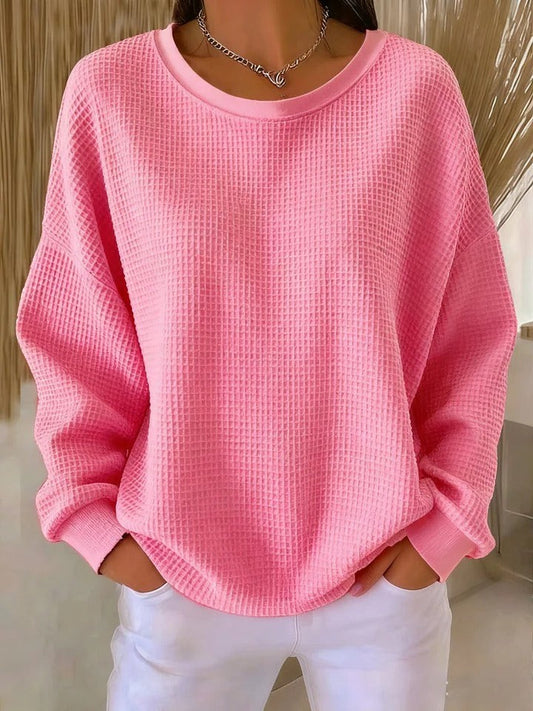 Oversized Damen-Pullover mit Waffelstruktur, Rundhals und überschnittenen Schultern in Rosa