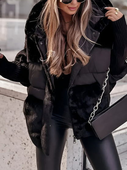 Oversized Damen-Steppjacke mit Kunstfellkapuze, Kunstfellfront und Strickbündchen für den Winter, Ansicht 6