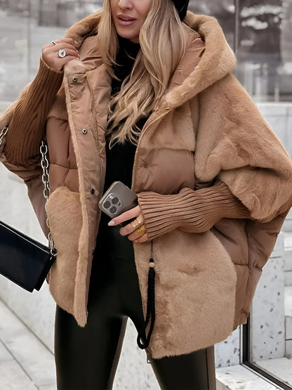 Oversized Damen-Steppjacke mit Kunstfellkapuze, Kunstfellfront und Strickbündchen für den Winter in Braun