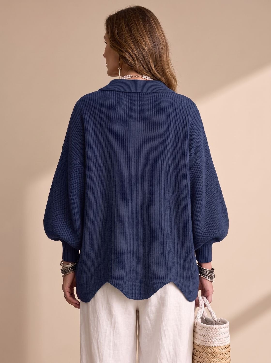 Oversized Damen-Strickjacke mit Ballonärmeln, Kragen und goldfarbenen Knöpfen, Ansicht 11