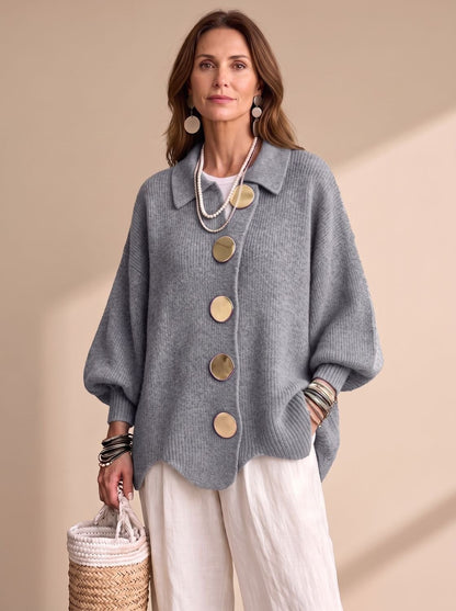 Oversized Damen-Strickjacke mit Ballonärmeln, Kragen und goldfarbenen Knöpfen in Grau