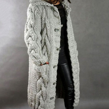 Oversized Damen-Strickjacke mit Zopfmuster, Kapuze und Taschen für Herbst und Winter in Silbergrau