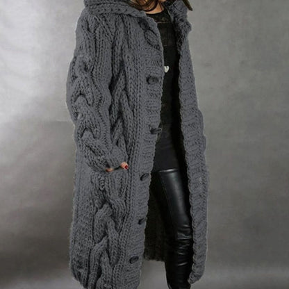 Oversized Damen-Strickjacke mit Zopfmuster, Kapuze und Taschen für Herbst und Winter in Dunkelgrau