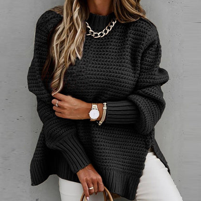Oversized Damen-Strickpullover mit Stehkragen, Seitenschlitzen und längerem Rücken in Schwarz