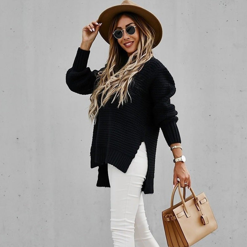Oversized Damen-Strickpullover mit Stehkragen, Seitenschlitzen und längerem Rücken, Ansicht 11