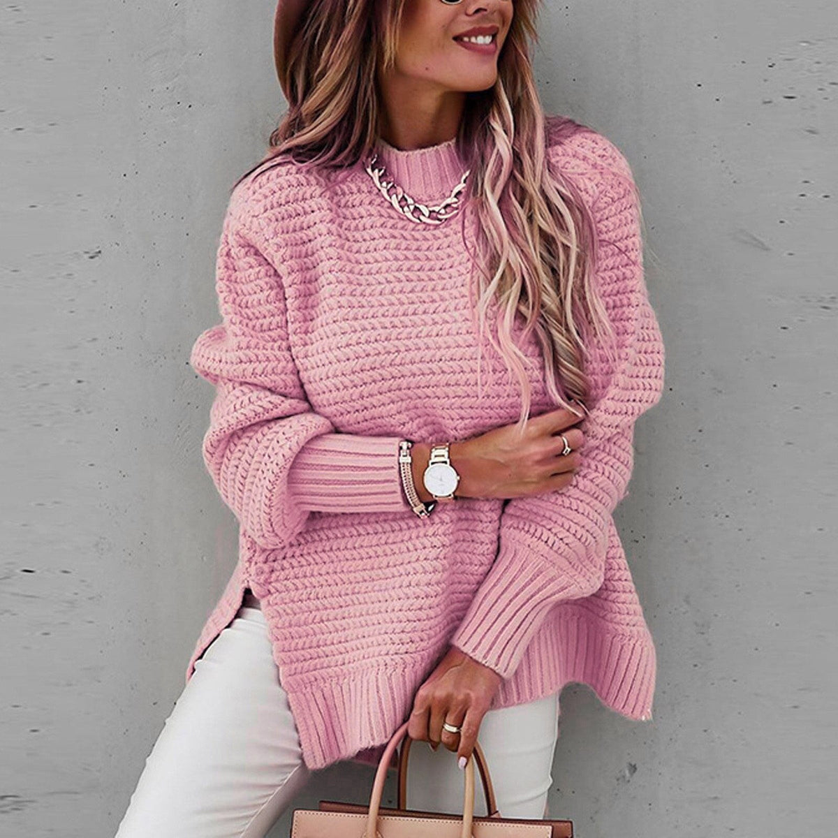 Oversized Damen-Strickpullover mit Stehkragen, Seitenschlitzen und längerem Rücken in Rosa