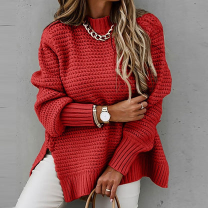 Oversized Damen-Strickpullover mit Stehkragen, Seitenschlitzen und längerem Rücken in Rot