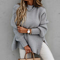 Oversized Damen-Strickpullover mit Stehkragen, Seitenschlitzen und längerem Rücken