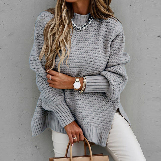 Oversized Damen-Strickpullover mit Stehkragen, Seitenschlitzen und längerem Rücken in Grau