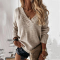Oversized Damen-Strickpullover mit tiefem V-Ausschnitt und Rippbündchen