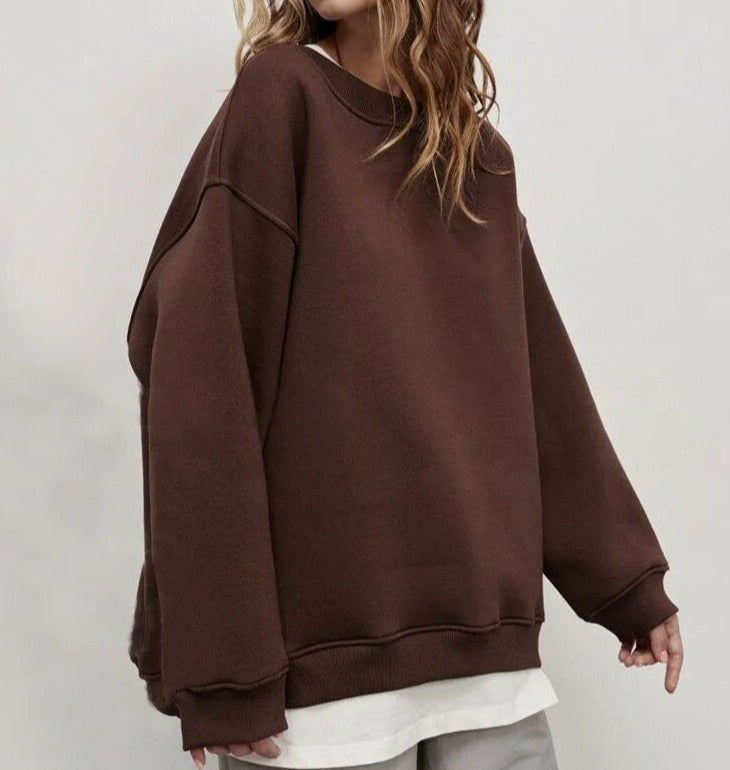 Oversized Damen-Sweatshirt mit Rundhals, überschnittenen Schultern und Rippbündchen in Braun