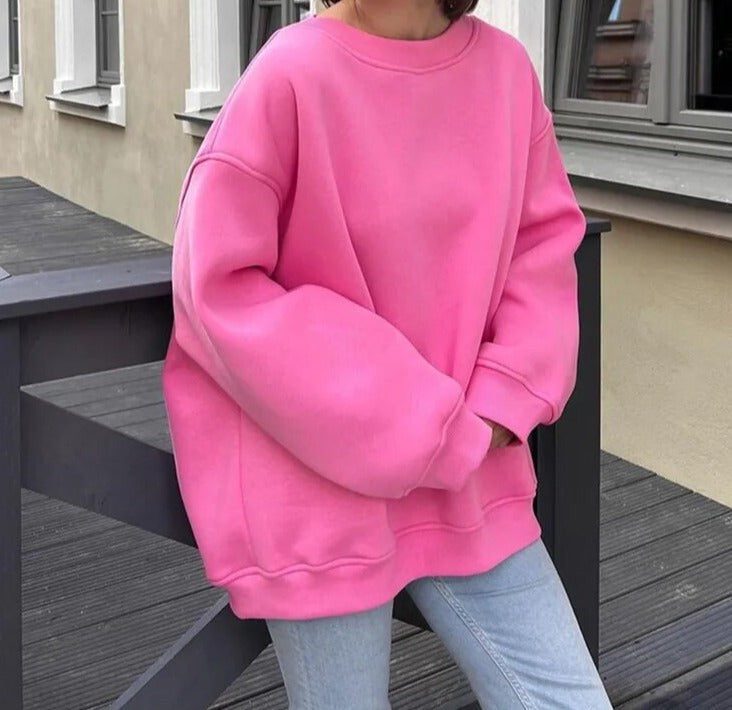 Oversized Damen-Sweatshirt mit Rundhals, überschnittenen Schultern und Rippbündchen in Rosa