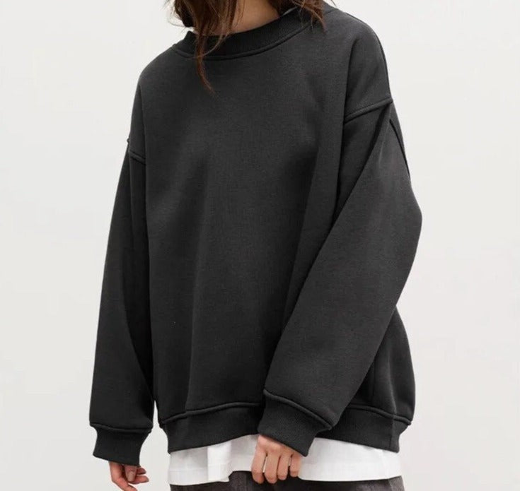 Oversized Damen-Sweatshirt mit Rundhals, überschnittenen Schultern und Rippbündchen in Dunkelgrau