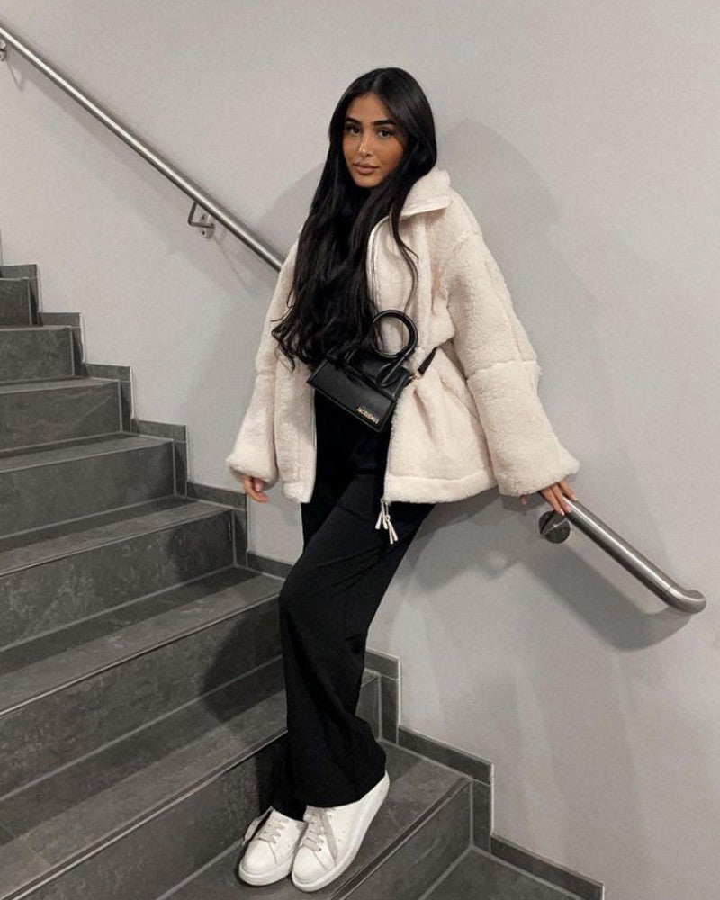 Oversized Damen-Teddyjacke aus weicher Baumwollmischung mit Stehkragen und Reißverschluss, Ansicht 3