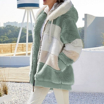Oversized Damen-Teddyjacke mit großer Kapuze, Reißverschluss und Blockstreifen in Mintgrün