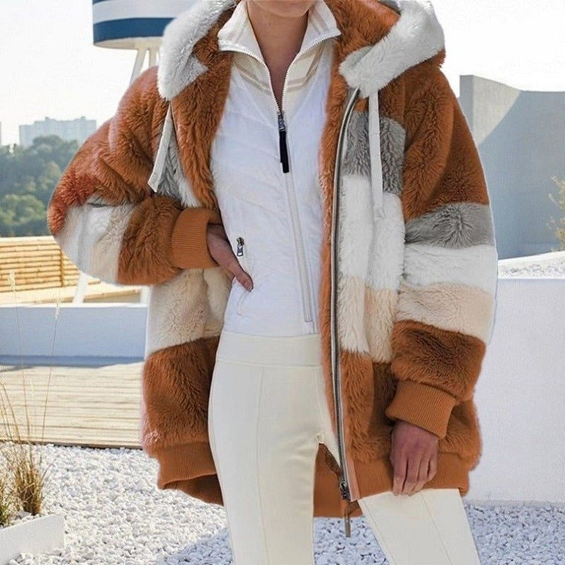 Oversized Damen-Teddyjacke mit großer Kapuze, Reißverschluss und Blockstreifen, Ansicht 18