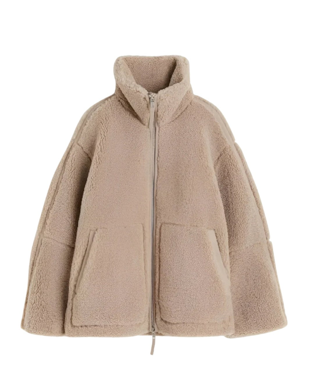 Oversized Damen-Teddyjacke mit Stehkragen, Reißverschluss und aufgesetzten Taschen in Braun
