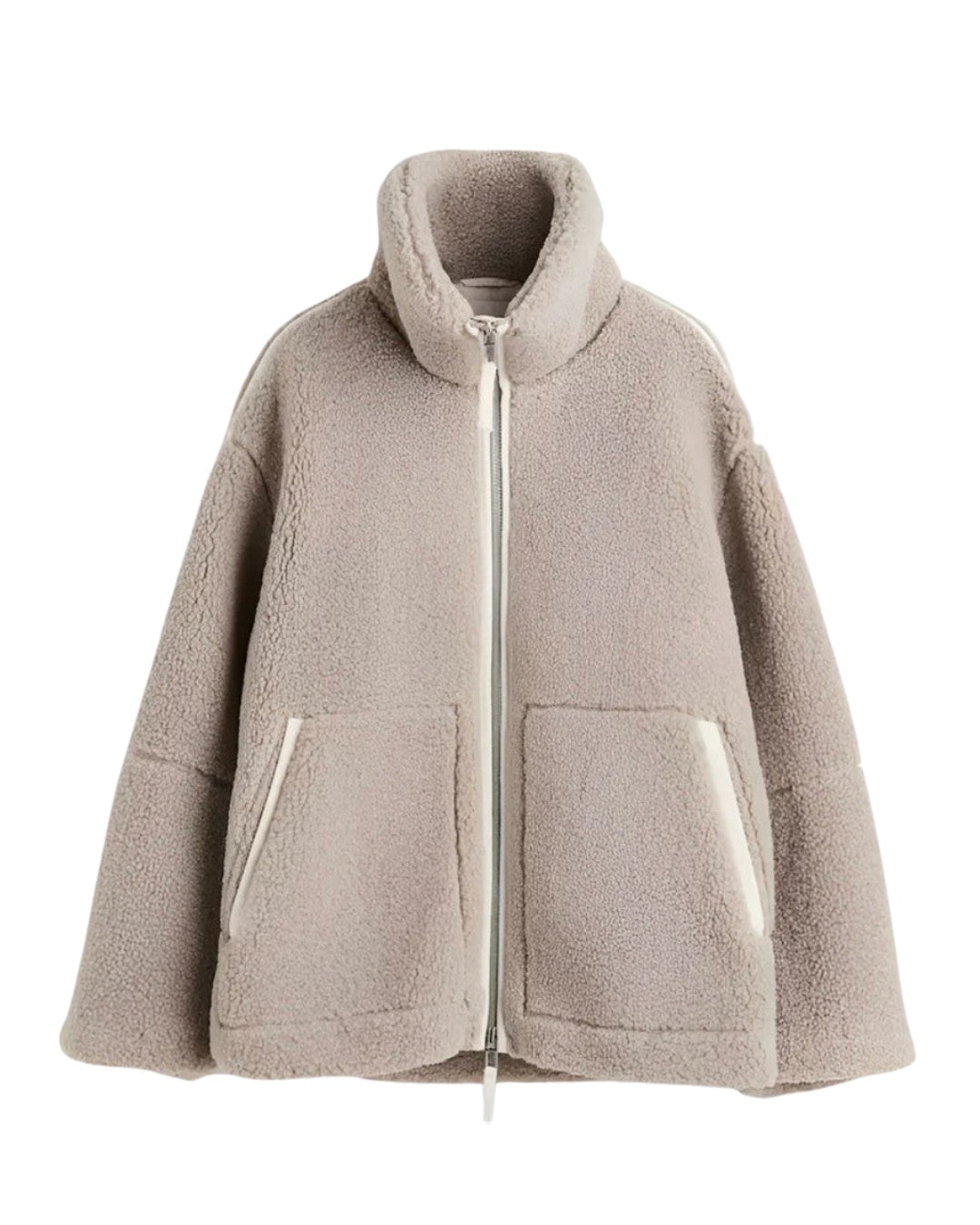 Oversized Damen-Teddyjacke mit Stehkragen, Reißverschluss und aufgesetzten Taschen in Hellbraun