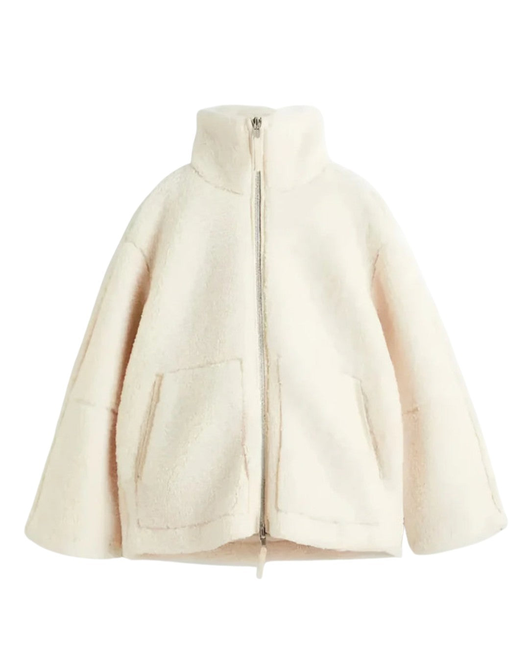 Oversized Damen-Teddyjacke mit Stehkragen, Reißverschluss und aufgesetzten Taschen in Creme