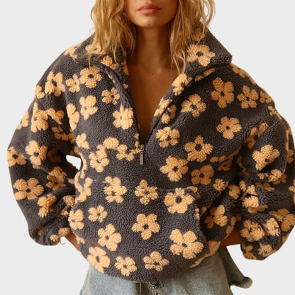 Oversized Damen-Troyer aus Teddyfleece mit Blumenmuster, Reißverschlusskragen und Kängurutasche, Ansicht 4