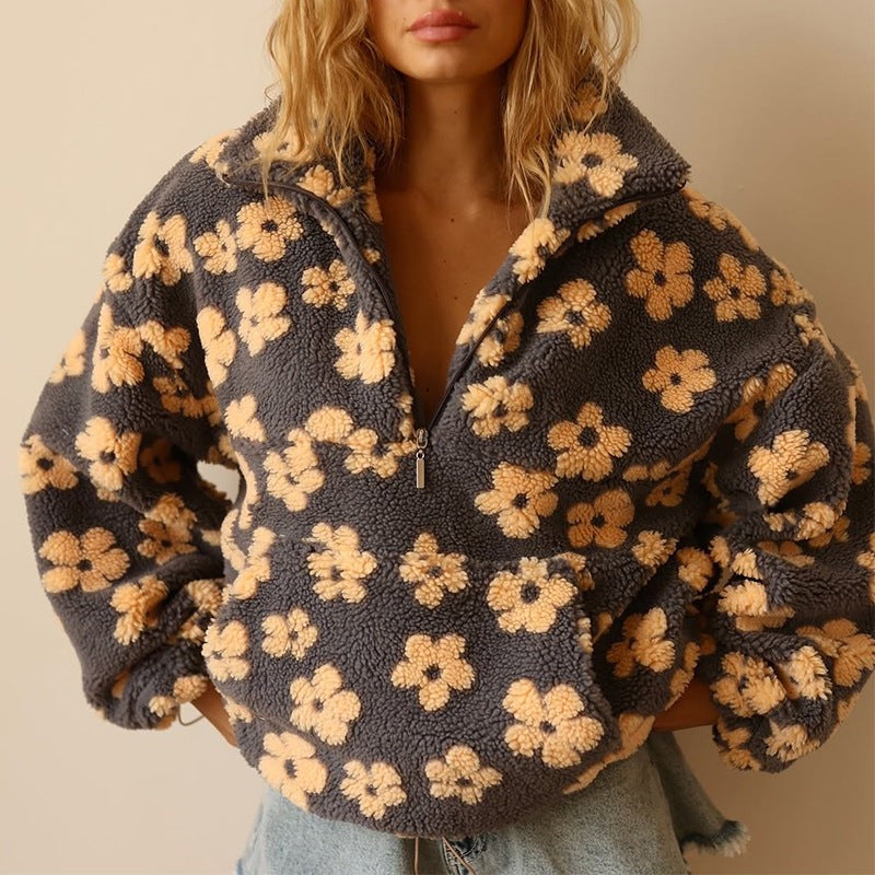 Oversized Damen-Troyer aus Teddyfleece mit Blumenmuster, Reißverschlusskragen und Kängurutasche in Gelb