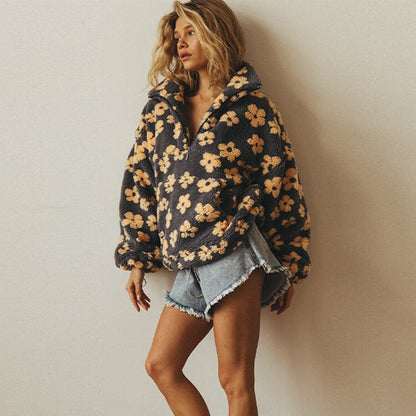 Oversized Damen-Troyer aus Teddyfleece mit Blumenmuster, Reißverschlusskragen und Kängurutasche, Ansicht 6
