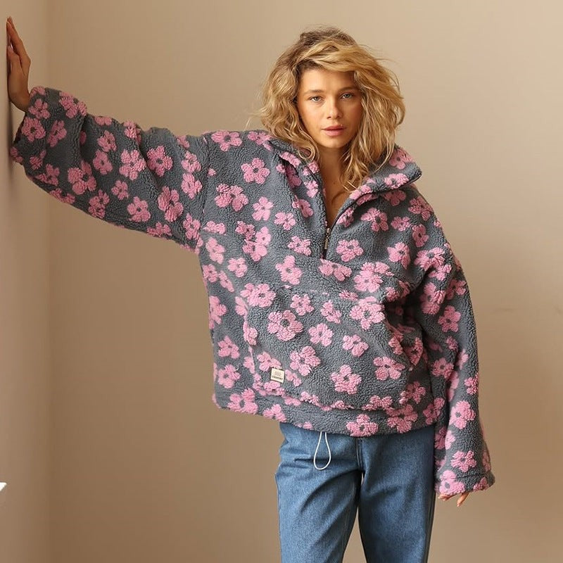 Oversized Damen-Troyer aus Teddyfleece mit Blumenmuster, Reißverschlusskragen und Kängurutasche in Pink
