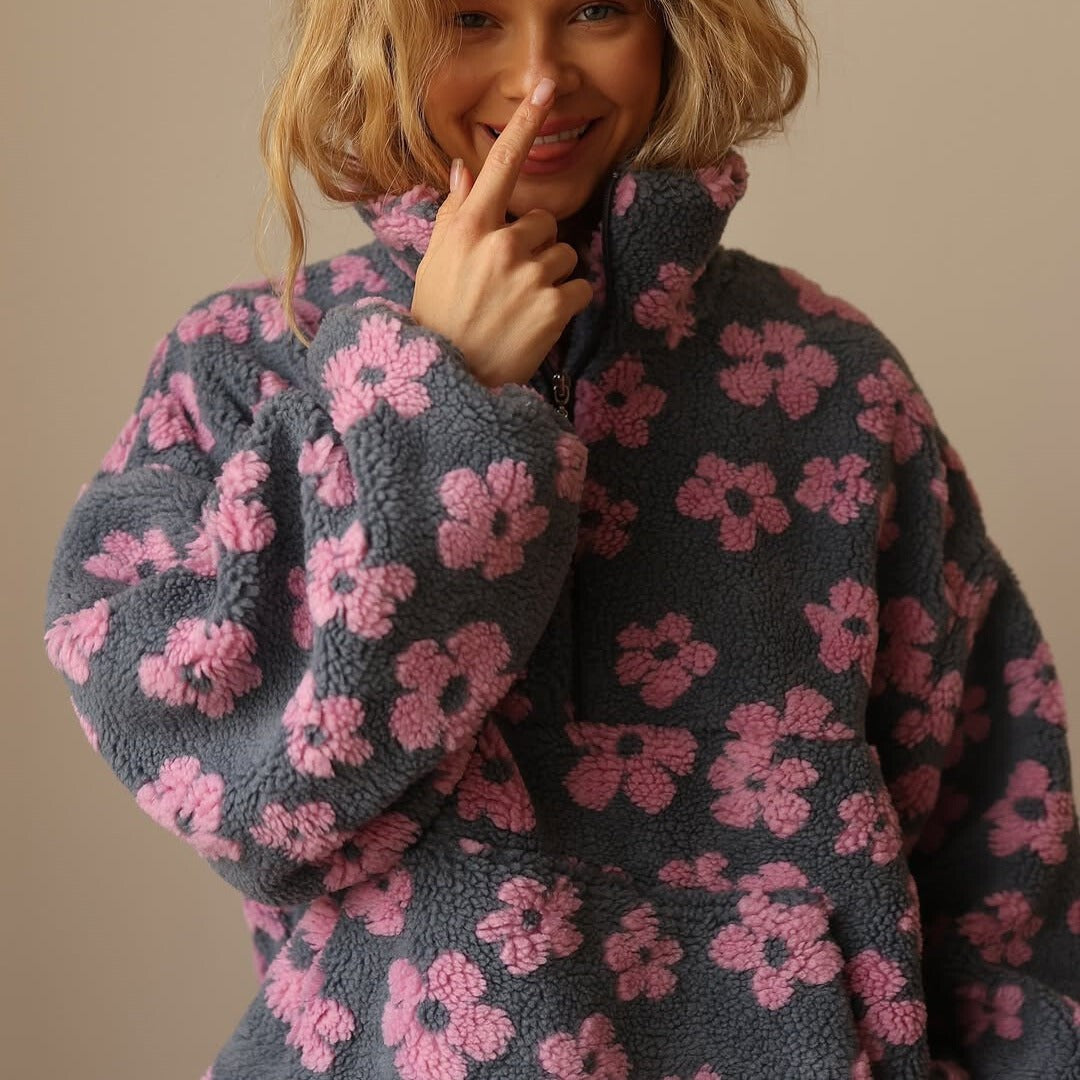 Oversized Damen-Troyer aus Teddyfleece mit Blumenmuster, Reißverschlusskragen und Kängurutasche, Ansicht 7