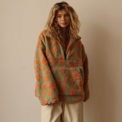 Oversized Damen-Troyer aus Teddyfleece mit Blumenmuster, Reißverschlusskragen und Kängurutasche in Orange