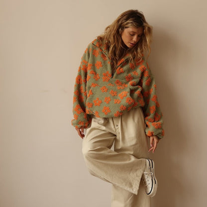 Oversized Damen-Troyer aus Teddyfleece mit Blumenmuster, Reißverschlusskragen und Kängurutasche, Ansicht 8