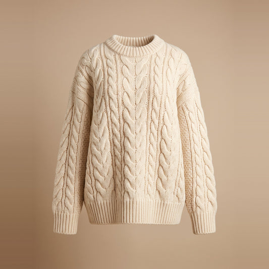 Oversized Damen-Zopfstrickpullover in Creme, Vorderansicht