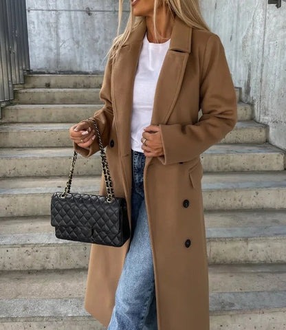 Oversized Damen-Zweireiher mit Reverskragen und Bindegürtel in langer Form für den Winter in Hellbraun