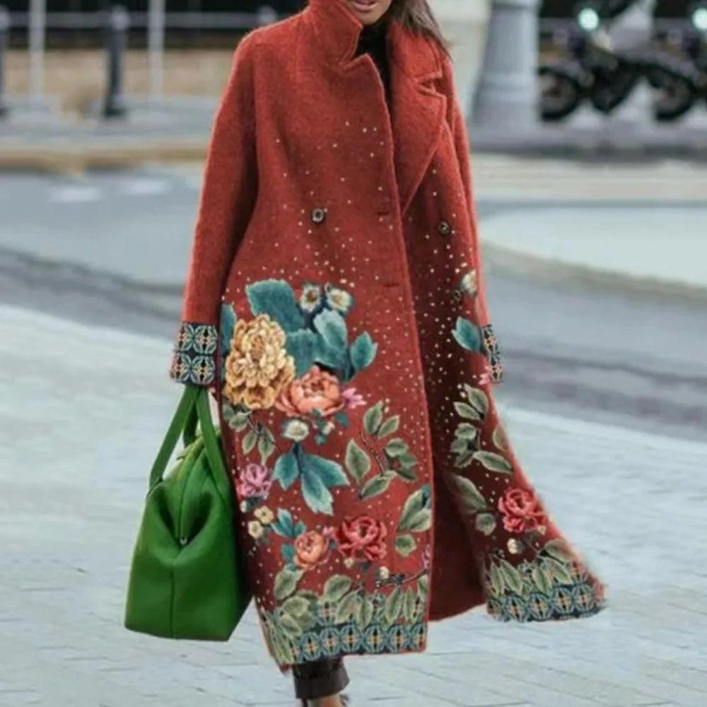 Oversized Damenmantel in langer Form mit Reverskragen und auffälligen Kunstmotiven, Ansicht 12