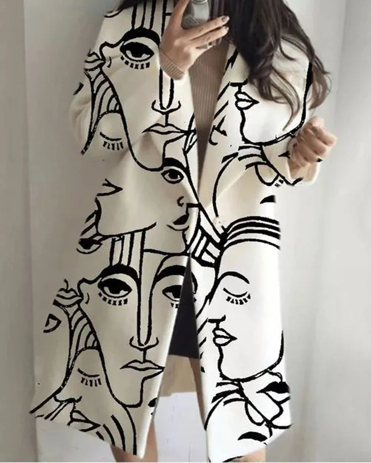 Oversized Damenmantel in langer Form mit Reverskragen und auffälligen Kunstmotiven, Ansicht 10