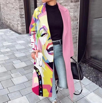 Oversized Damenmantel in langer Form mit Reverskragen und auffälligen Kunstmotiven, Ansicht 17