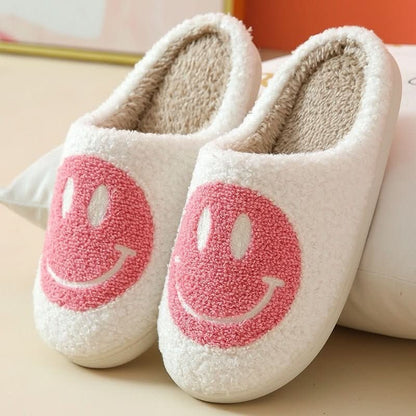 Plüsch-Hausschuhe mit Smiley-Stickerei, Sherpa-Futter und verdickter Silikonsohle in Rosa