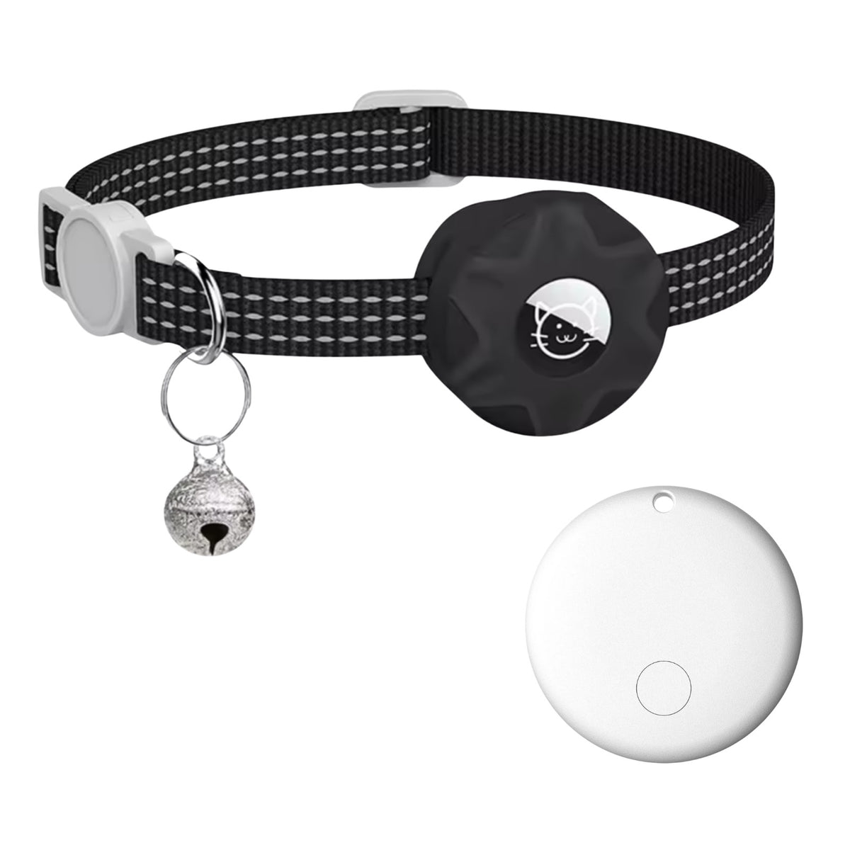 Schwarzes reflektierendes Halsband mit Tracker-Halterung und Glocke
