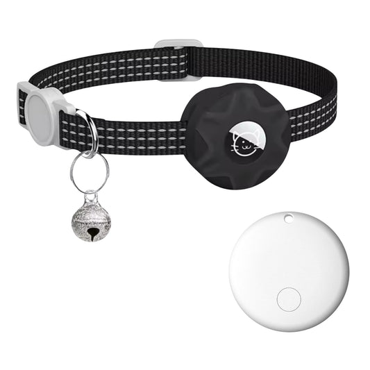 Schwarzes reflektierendes Halsband mit Tracker-Halterung und Glocke