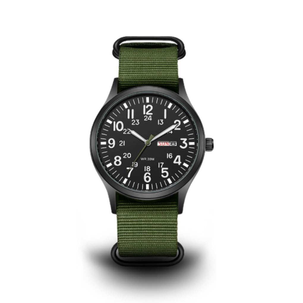 Robuste Outdoor-Armbanduhr im Military-Stil mit Quarzwerk, Leuchtzifferblatt und Nylonarmband in Grün / Schwarz