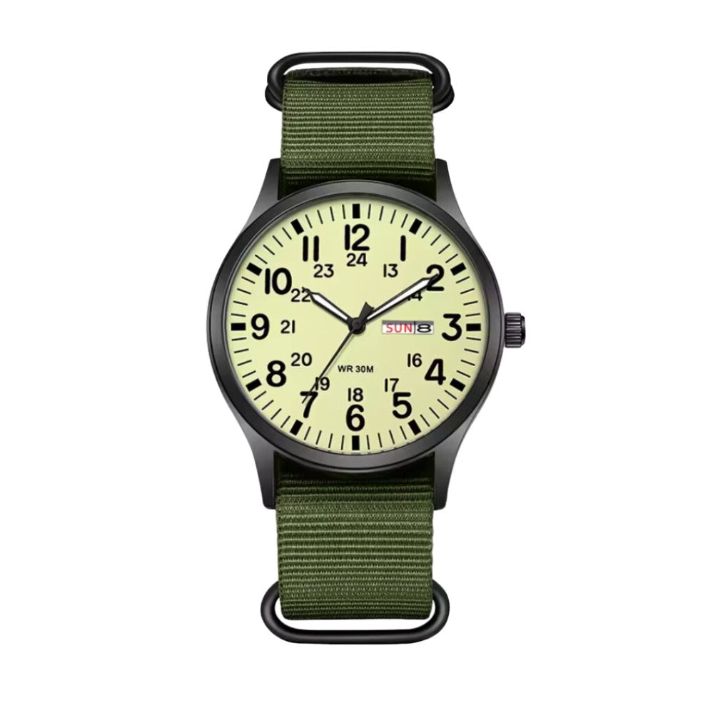 Robuste Outdoor-Armbanduhr im Military-Stil mit Quarzwerk, Leuchtzifferblatt und Nylonarmband in Grün / Leuchtend