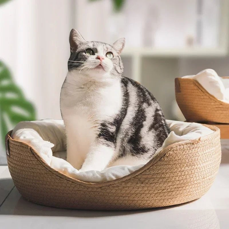 Rundes Katzenbett aus Bambusgeflecht mit weichem Baumwollkissen und abnehmbarem, waschbarem Bezug, Ansicht 3