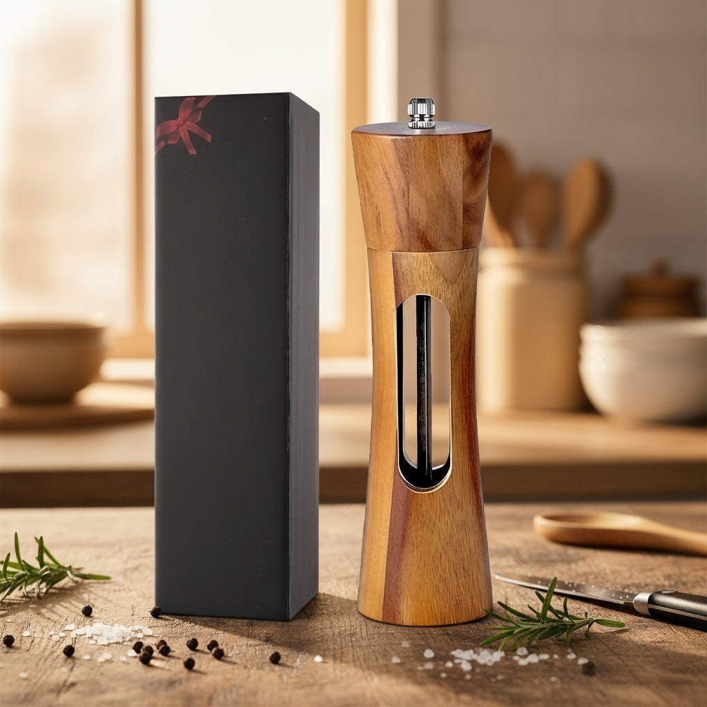 Pfeffermühle aus Holz mit Sichtfenster neben einer schwarzen Geschenkbox